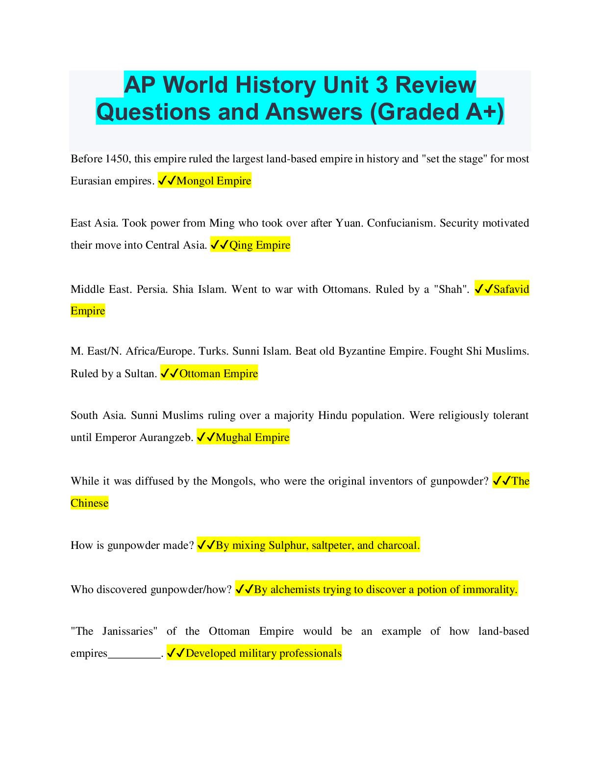 Preview of AP World History Unit 3 Review Questions and Answers (Graded A+)